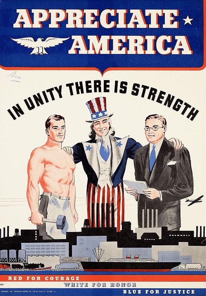 Poster showing Uncle Sam, a worker holding a hammer and an employer holding a document.