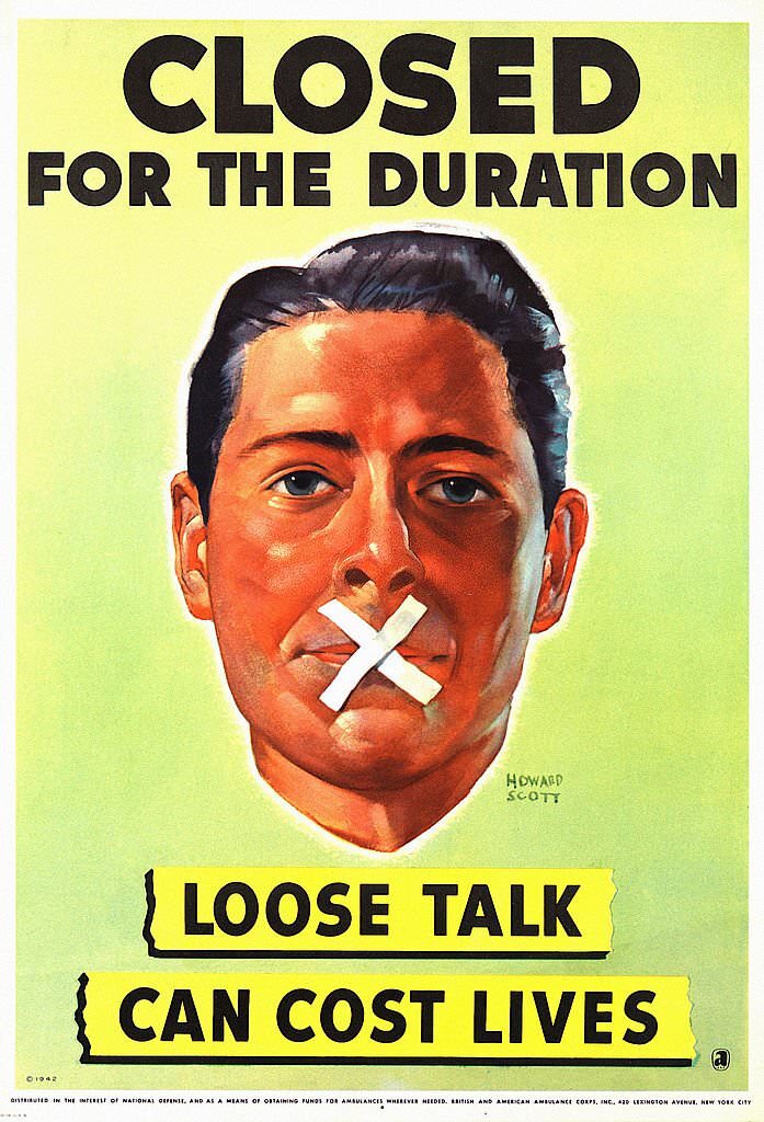 American propaganda poster showing a man with his mouth taped over.