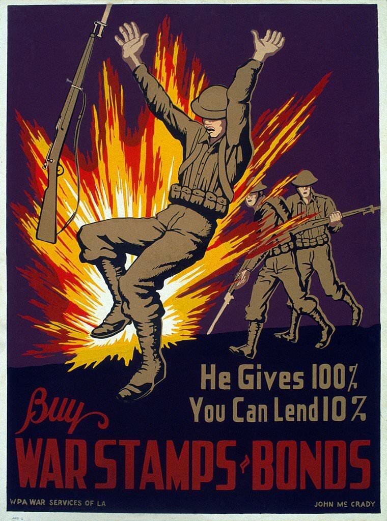 American propaganda poster encouraging purchase of war stamps and bonds to help fund the war effort, showing a soldiers near an explosion during combat.