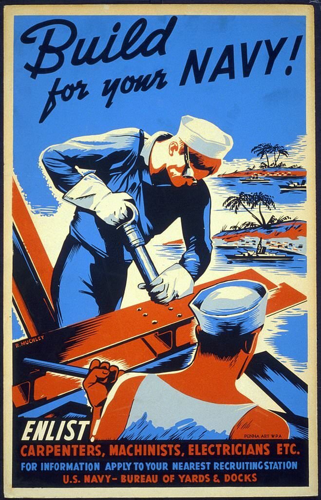 American propaganda poster encouraging skilled laborers to join the Seabees as part of the war effort.