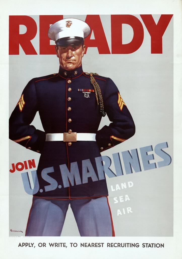 World War II, American propaganda poster showing an U.S. marine.