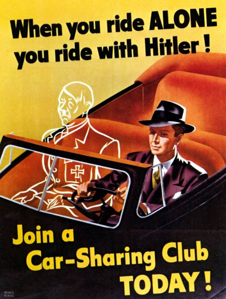 RA US poster from World War II encouraging people to join a carpool, 1942.