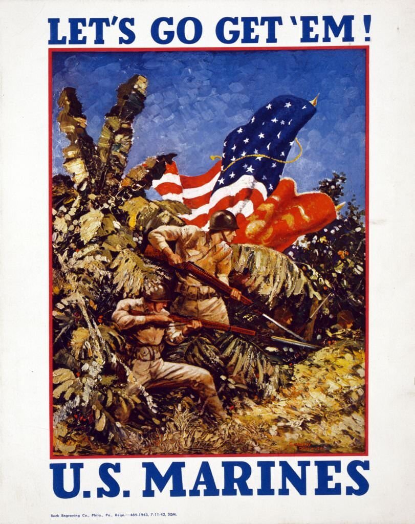 Poster showing Marines bearing rifles with bayonets.