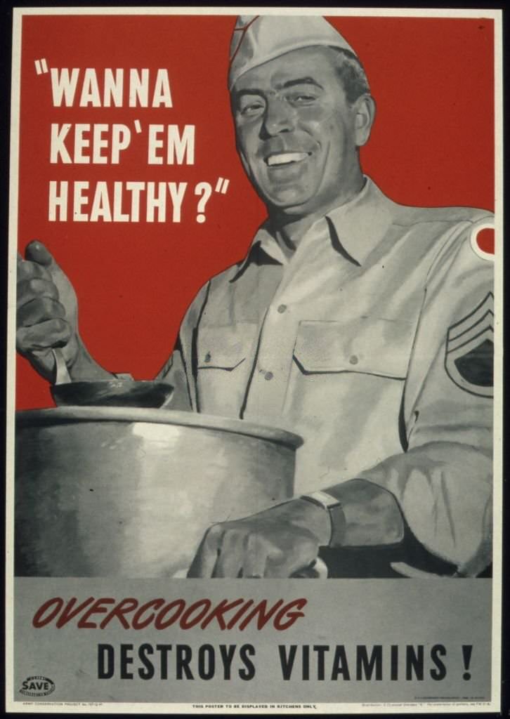 Government issued wartime educational poster encouraging Americans not to overcook food, 1941.