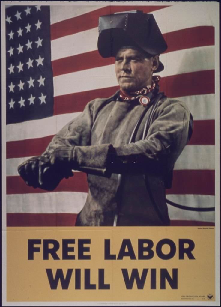 Poster supporting the war effort featuring a welder posing in front the United States flag, 1941.