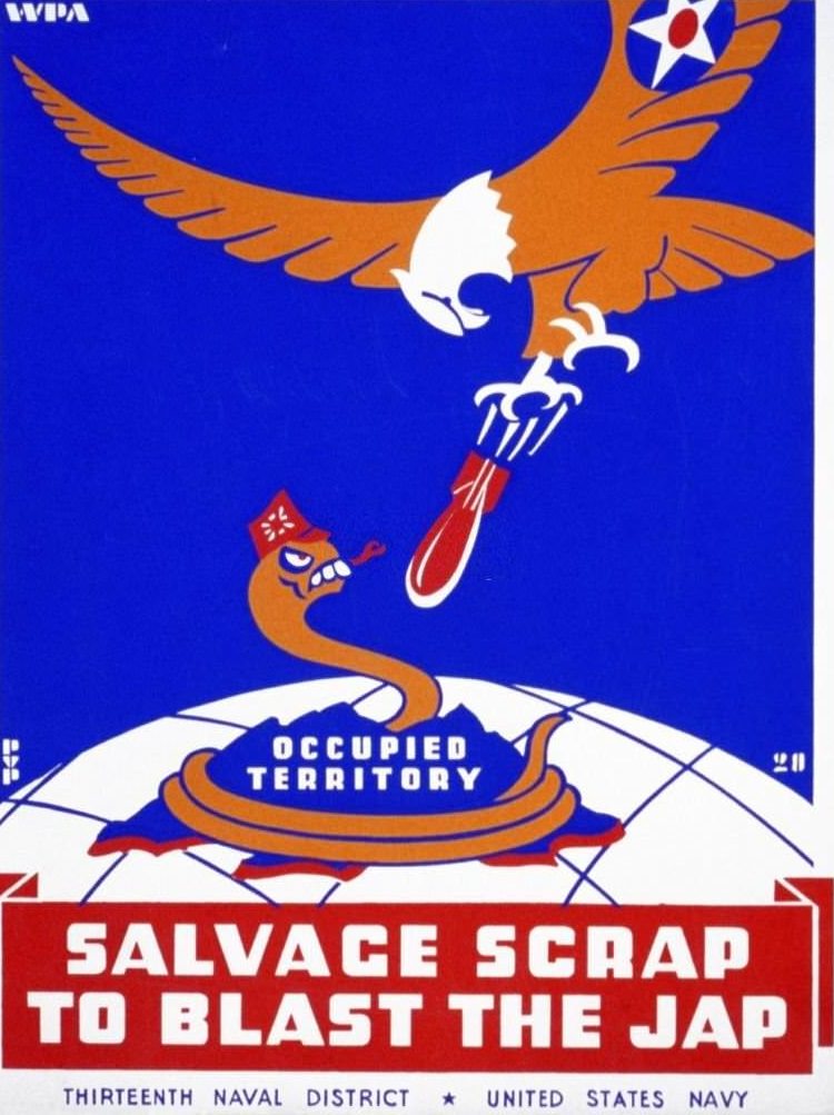Poster for Thirteenth Naval District, United States Navy, showing a snake representing Japan being bombed by an eagle.