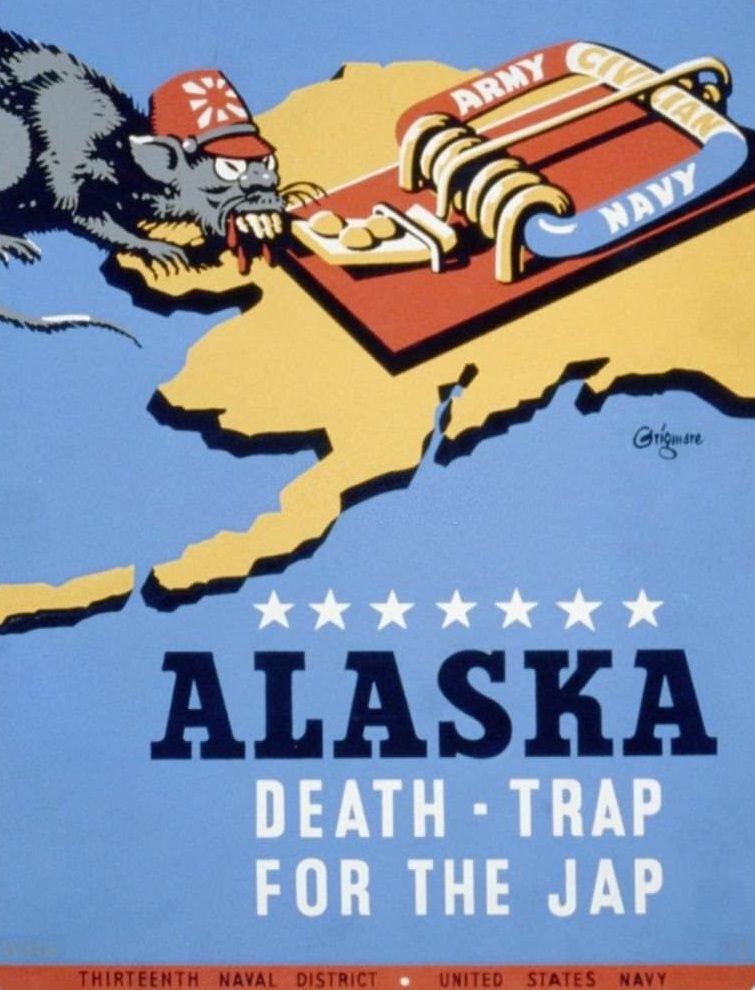 Poster for Thirteenth Naval District, United States Navy, showing a rat representing Japan, approaching a mousetrap labeled 'Army Navy Civilian,' on a background map of the state of Alaska.