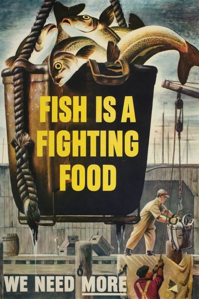 Propaganda poster depicting fishing industry during WWII .