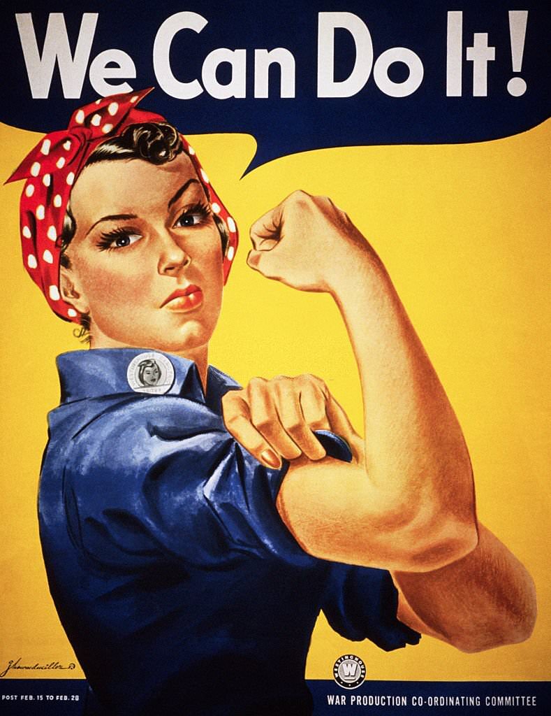 A World War II color poster depicting "Rosie the Riveter" encourages American women to show their strength and go to work for the war effort.