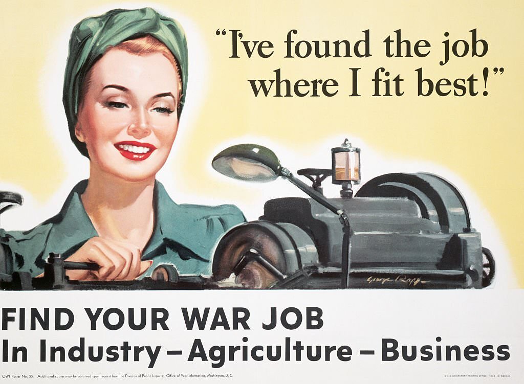 A World War II poster urges women to find a "war job" to join in the war effort.
