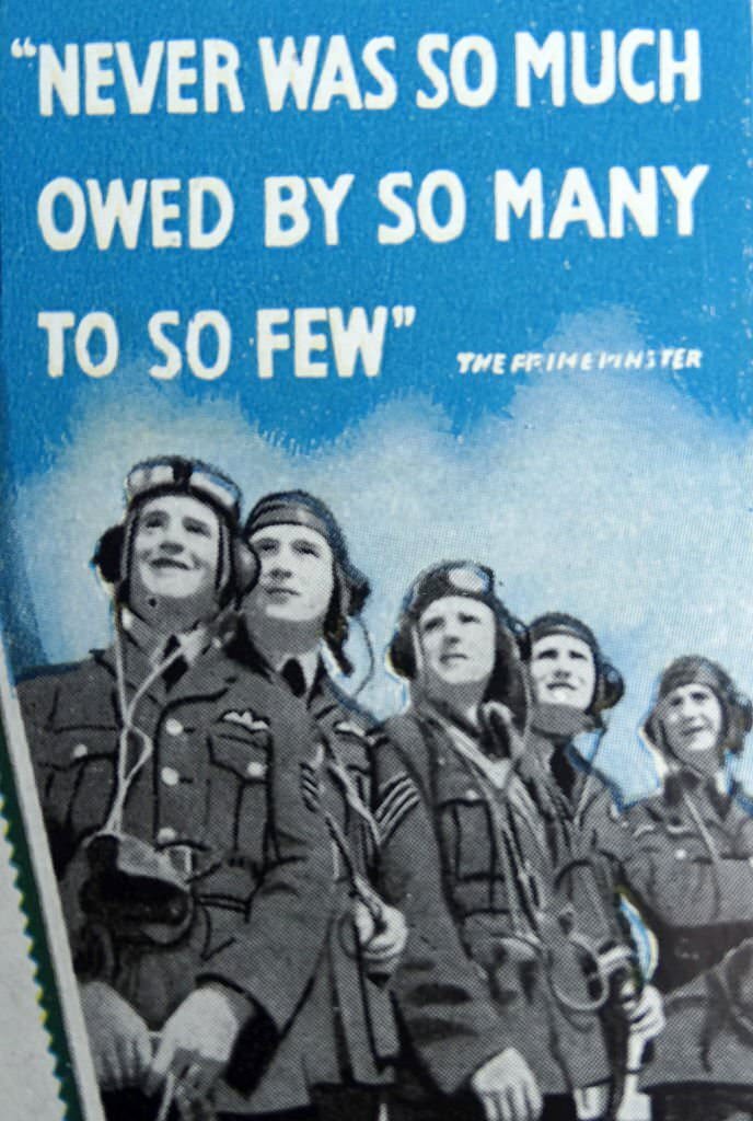 World war Two British propaganda poster for the Royal Air Force. Winston Churchill's quote 'never was so much owed' appears at the top of the poster.