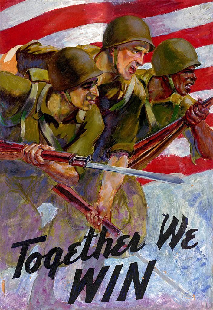 World War Two American propaganda poster US Army 1942. ' Together we Win'. (