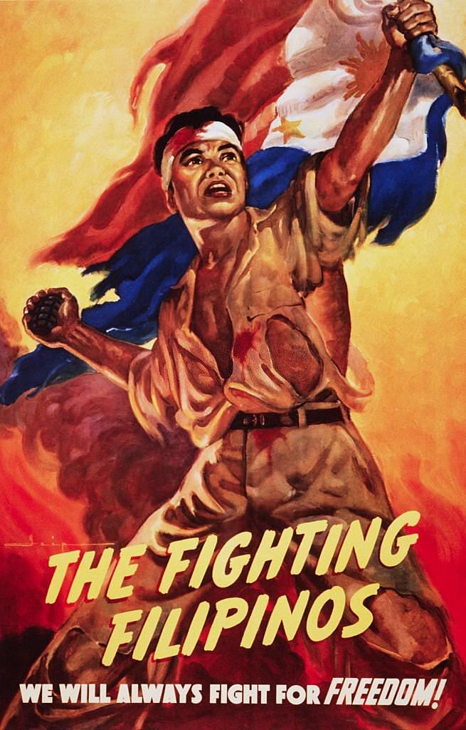World War Two color poster showing a Filipino soldier in a torn, bloody uniform, fighting amid flames.