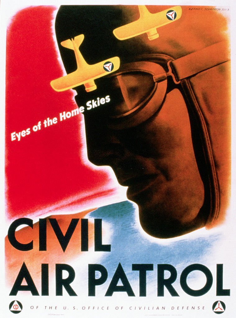 A World War II color poster for the Civil Air Patrol of the U.S. Office of Civilian Defense.