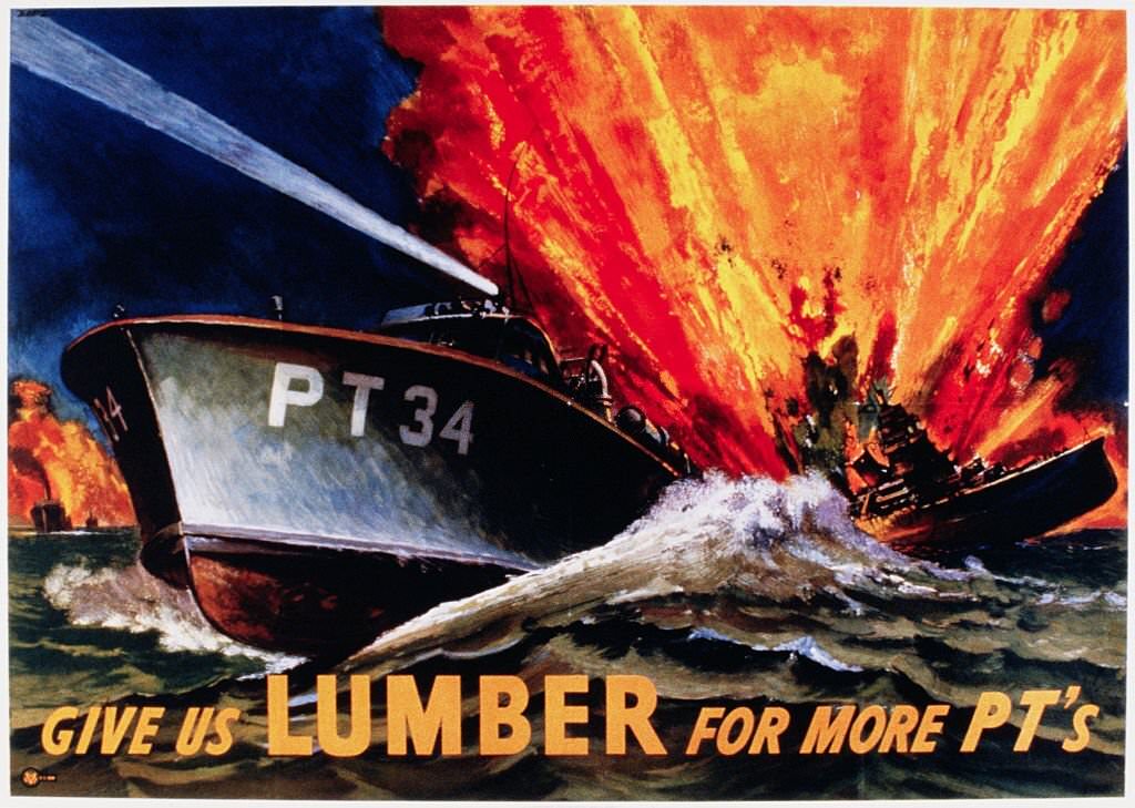 A 1943 World War II color poster encourages the war effort to get lumber for building PT boats.