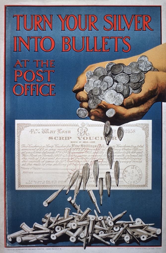 Vintage poster of silver coins turning into bullets.
