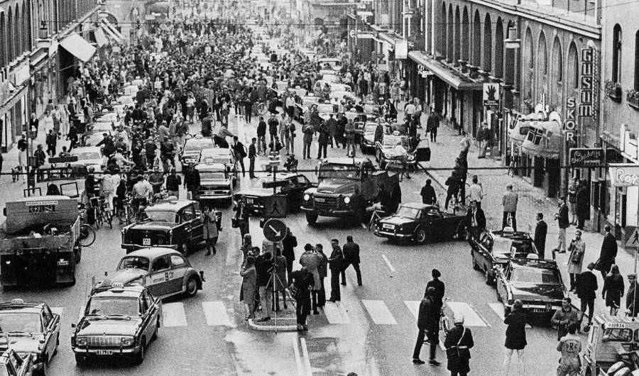 Vehicles and pedestrians stand in chaos in Stockholm, Sweden on September 3, 1967, the day that the country switched from driving on the left side of the road to the right.
