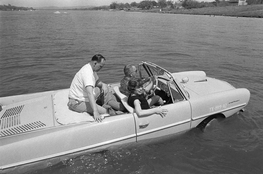 President Lyndon B. Johnson drives his Amphicar on April 10, 1965.
