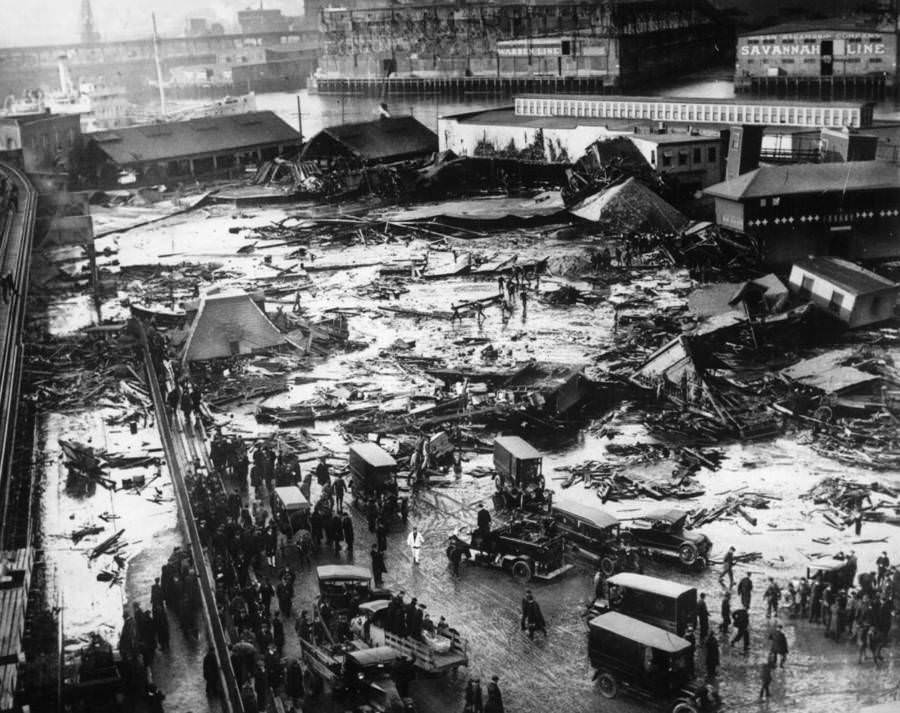 Much of Boston's North End lies in ruin following the Great Molasses Flood of January 15, 1919.