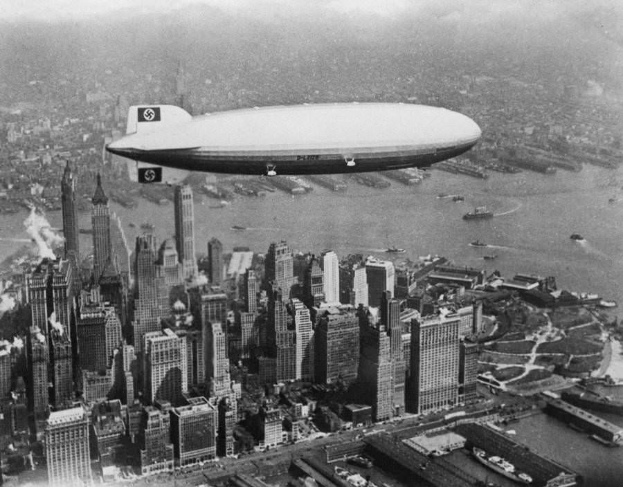 The German airship Hindenburg, swastikas and all, flies over New York City on the afternoon of May 6, 1937