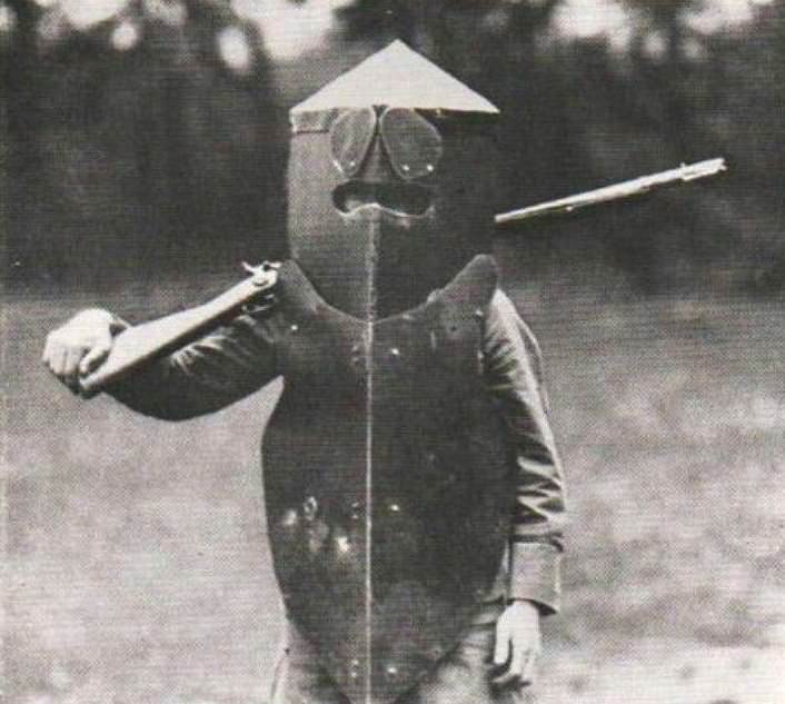 A man wears the Brewster Body Shield, the first body armor developed by the U.S. during World War I.