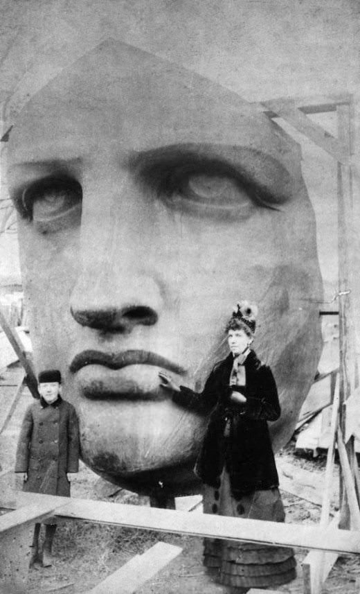 The as-yet unassembled face of the Statue of Liberty sits unpacked in New York soon after its delivery from France on June 17, 1885.