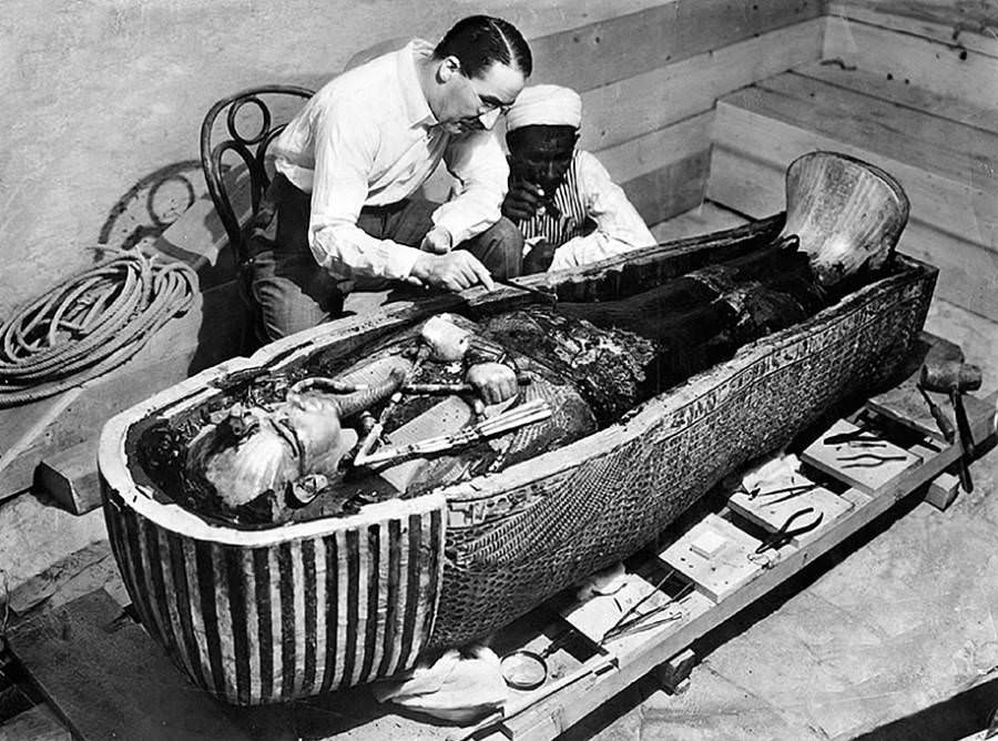 English archaeologist Howard Carter first opens the innermost portion of King Tutankhamun's tomb soon after its discovery near Luxor, Egypt in 1922.