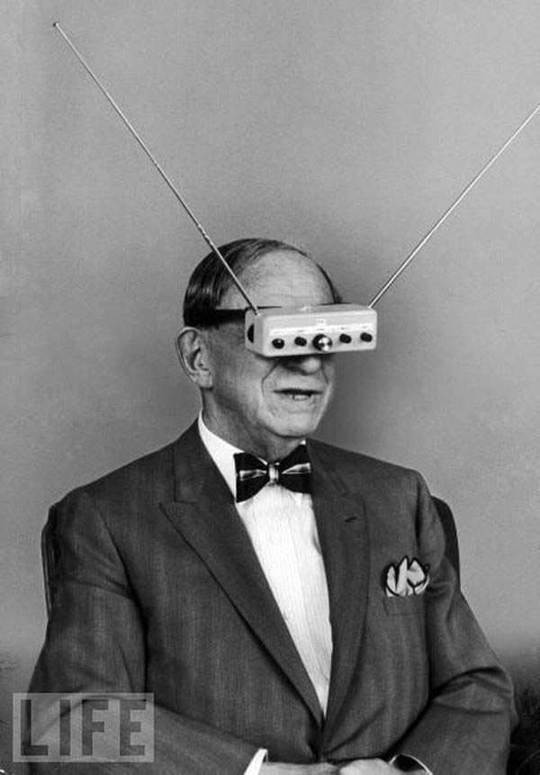 Inventor Hugo Gernsback models his television goggles for LIFE magazine in 1963.