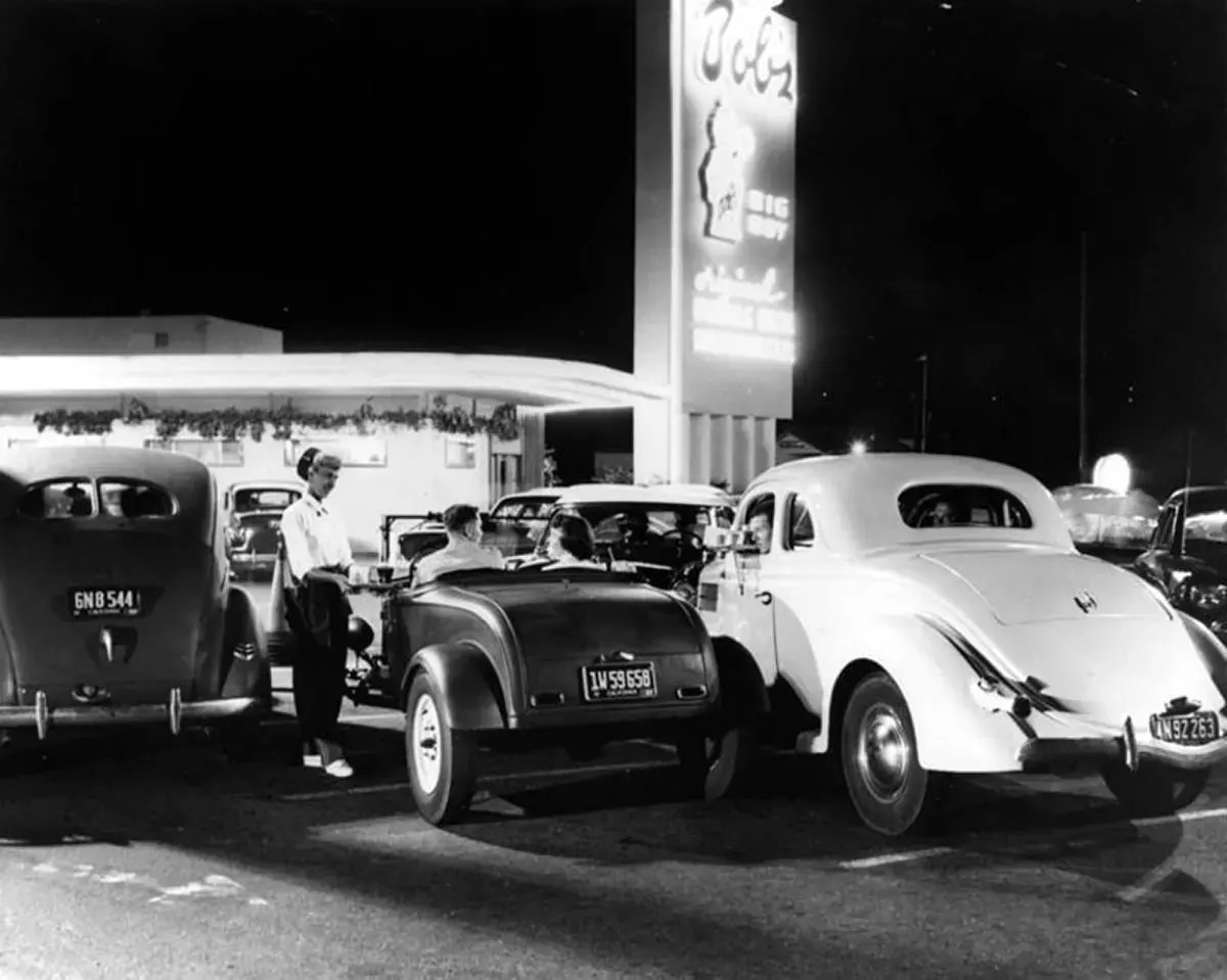 Bob’s Big Boy carhop waitress at drive-in, Southern California, 1952.
