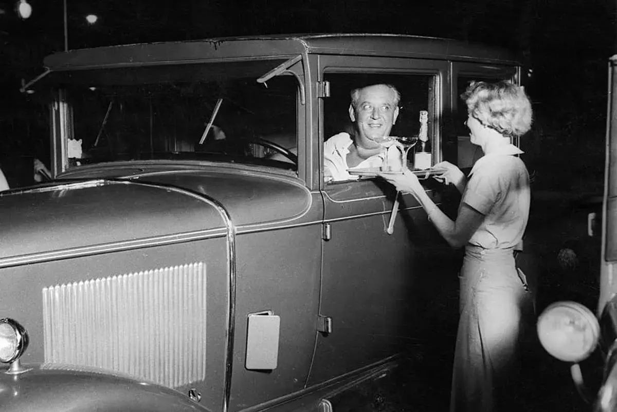 After prohibition ended in 1933, people found just about any and every reason to toast. Some drive-ins served alcohol. 1940s.