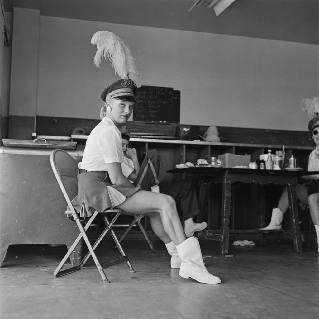 Irish, a waitress or 'carhop' at The Clock Drive-In restaurant in California, 1955.