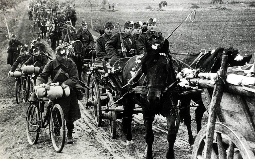 Hungarian troops on the march during the occupation of Zone A, consisting of parts of the Csallokez, ceded to Hungary by Czechoslovakia.