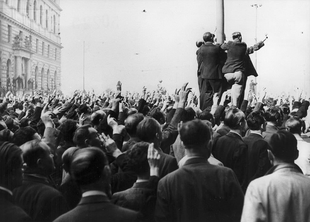 The German occupation of Bohemia and Moravia. The German army marching into Prague Castle on March 15, 1939.