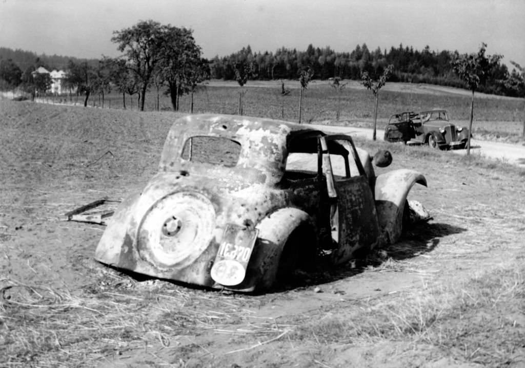 The German propaganda picture shows a destroyed car after the German occupation of the Sudetenland in October 1938.
