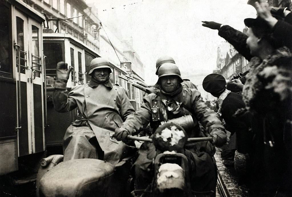 German soldiers of a motorised division on the streets of Prague, Adolf's Hitler's Germany invaded Czechoslovakia in March 1939 after a list of demands and ultimatums from the Nazis were not met