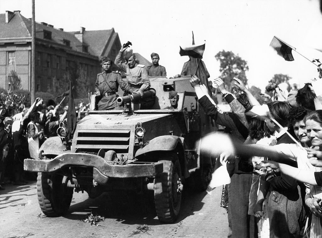 The liberation of Prague, May 1945. Soviet troops being greeted by citizens of Prague.