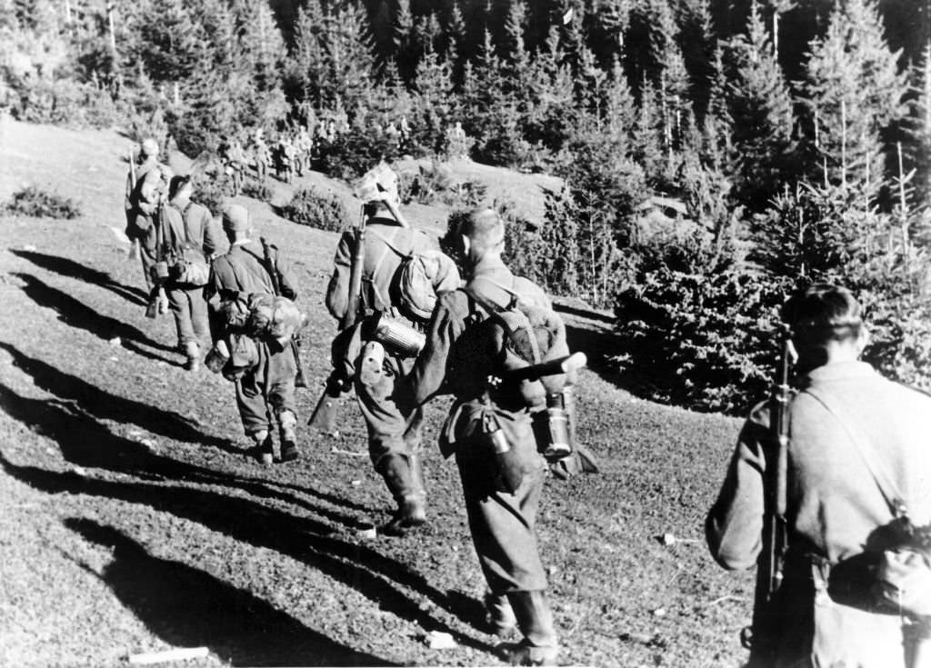 The German propaganda picture shows military engineers of the German Wehrmacht in the Carpathian Mountains on the Eastern Front.