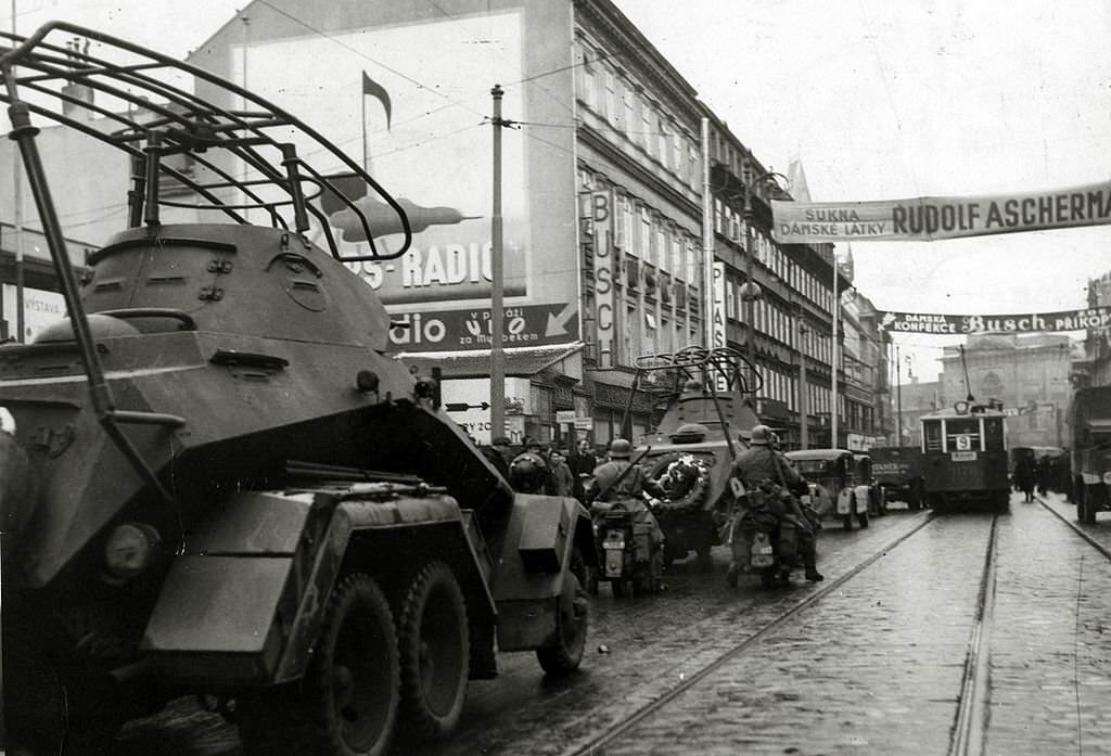 German soldiers and army vehicles on the streets of Prague, Adolf's Hitler's Germany invaded Czechoslovakia in March 1939