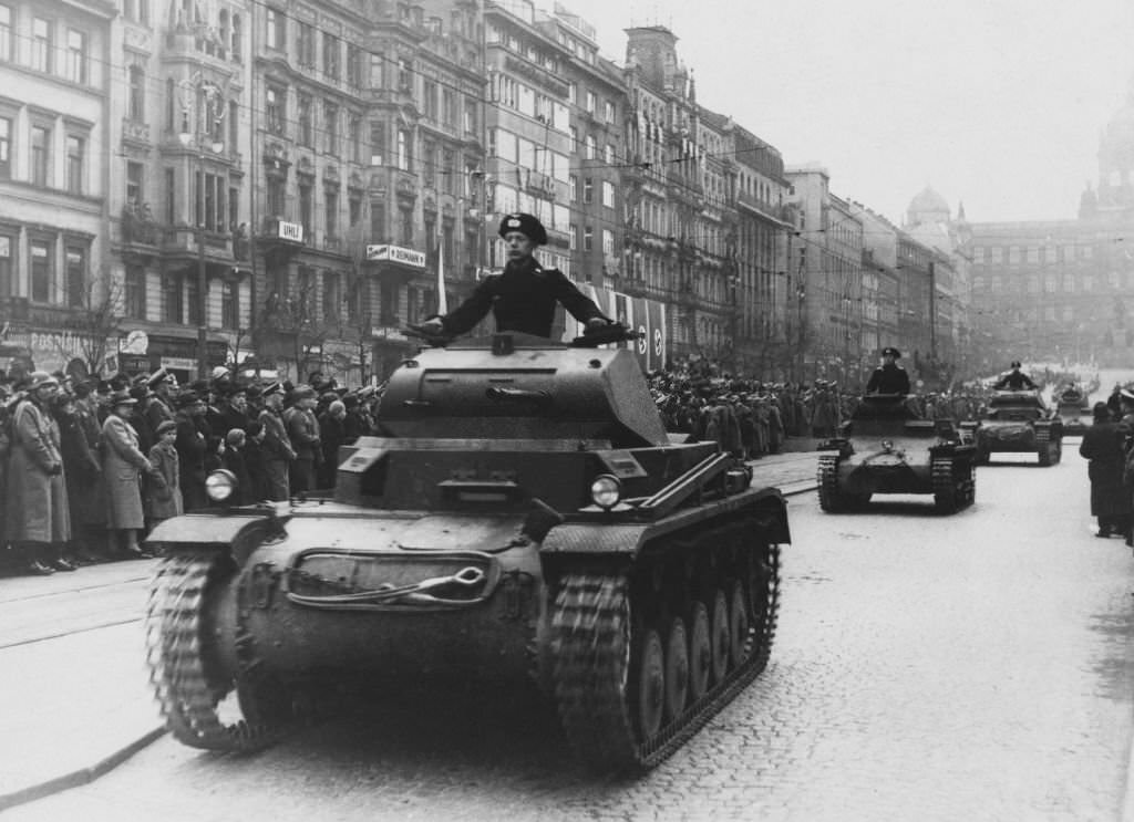 The German Wehrmacht parade through Wenceslas Square (Wenzelsplatz) in Prague, during the German occupation of Czechoslovakia, 18th March 1939.