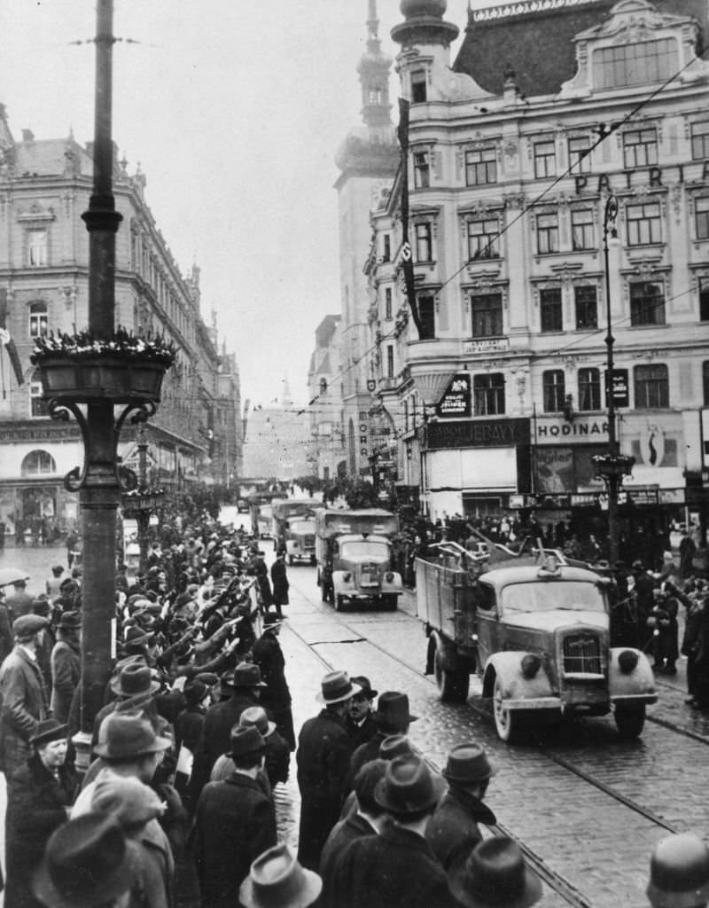 Crowds watching as German troops enter Brno in Moravia.