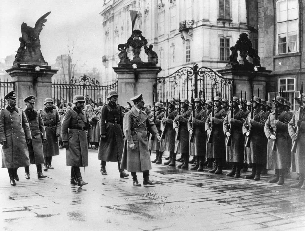 The German occupation of Bohemia and Moravia on March 15, 1939. Adolf Hitler reviewing his troops in the 1st courtyard of Prague Castle