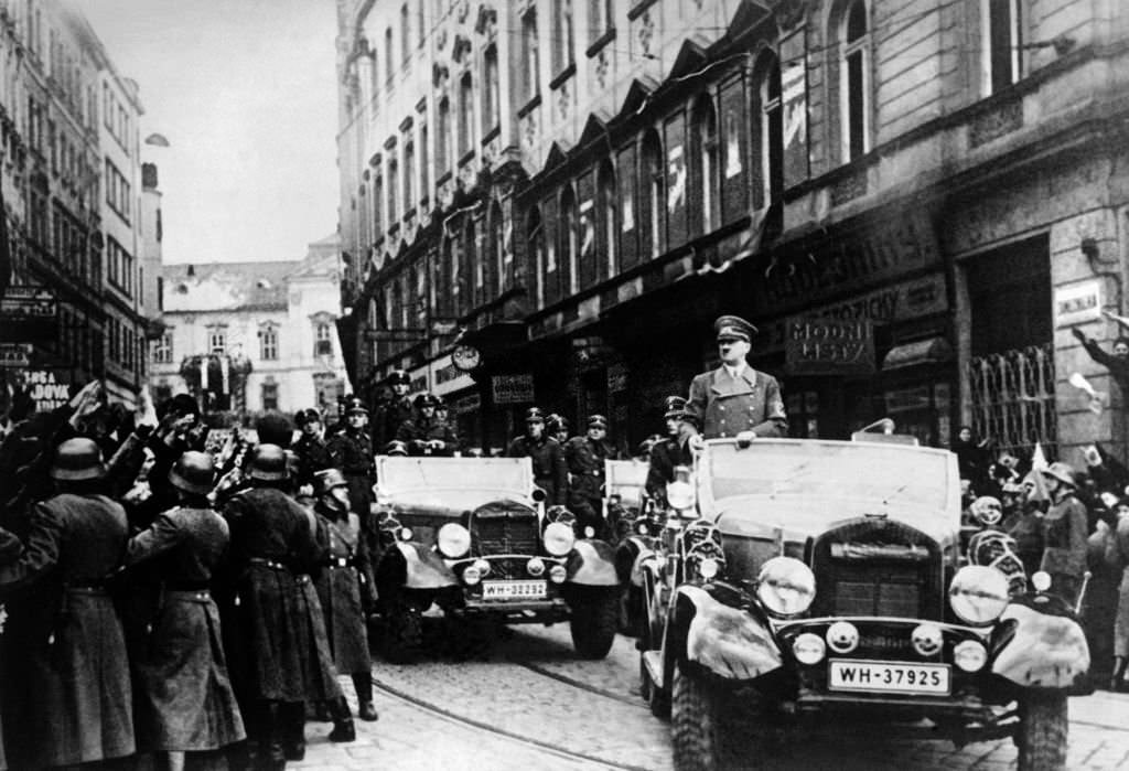 Adolf Hitler and his army parade in Prague on March 15, 1939 day of the invasion of Czechoslovakia by the Wehrmacht.