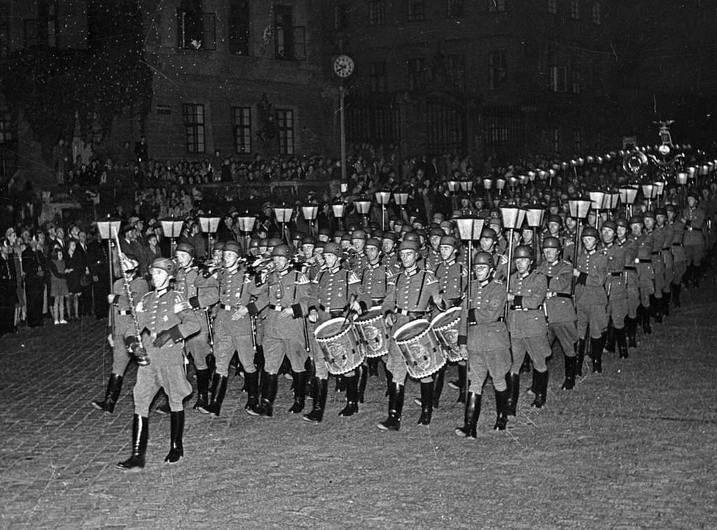 The German occupation of Bohemia and Moravia. The German army marching into Prague Castle on March 15, 1939