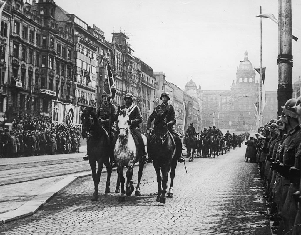 German troops riding on horseback during a parade through Prague shortly after the German takeover of Czechoslovakia and the creation of the Protectorate of Bohemia and Moravia, World War II.