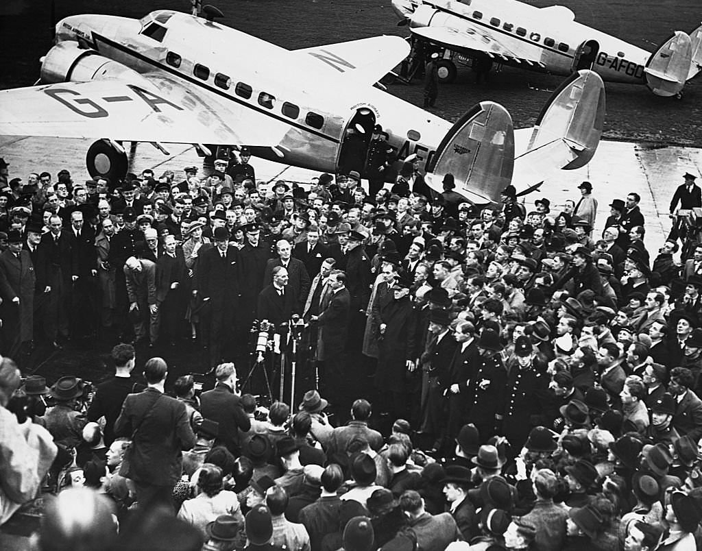 Neville Chamberlain Addressing Crowd at Airfield
