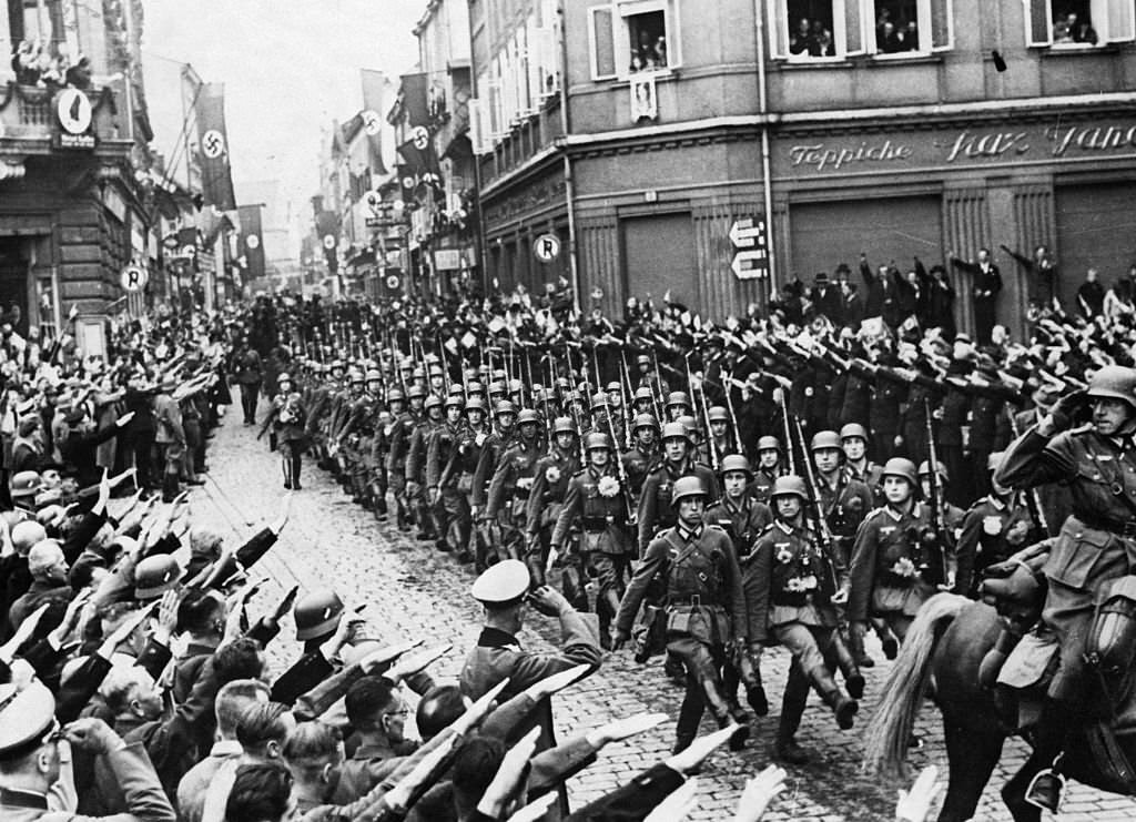 German Troops Parade in Streets of Czechoslovakian Town, 1939