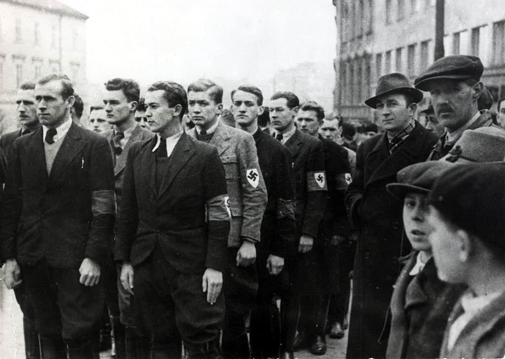 The Hlinka Guards displaying German  armbands near the Town Hall.