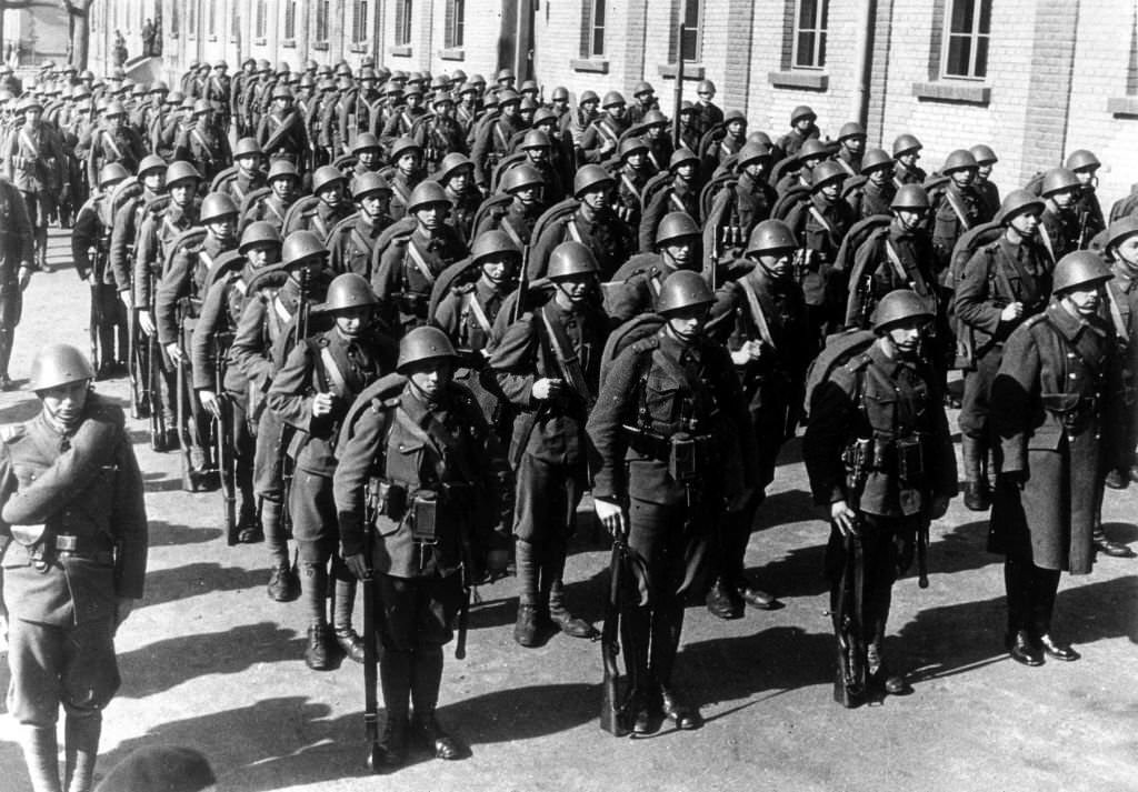 A Czechoslovakian troops in full war equipment ready and prepared to march from a garrison near Prague.