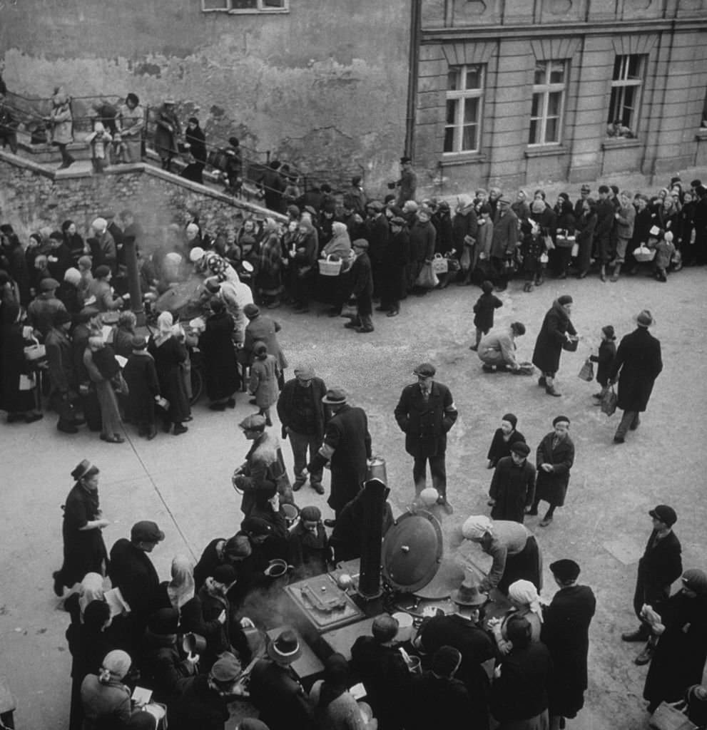 Food queues in German-occupied Prague, Czechoslovakia.