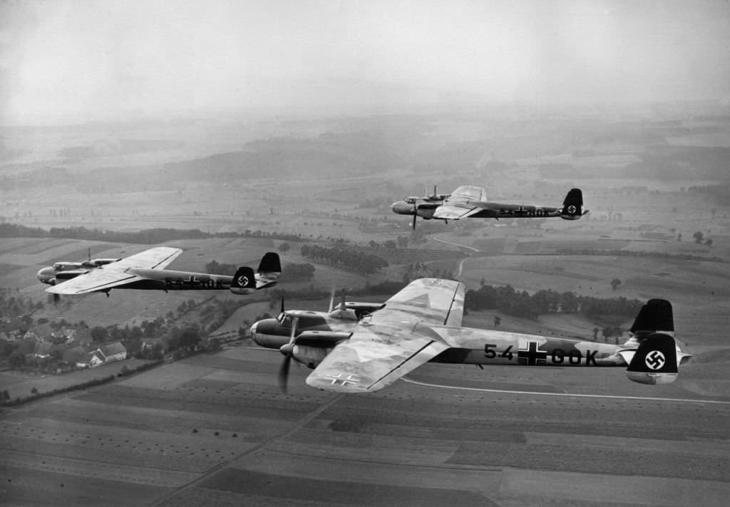 Three German 5.4 GOK bombers fly over Sudetenland after Germany took control of the region with the signing of the Munich Pact, Czechoslovakia.
